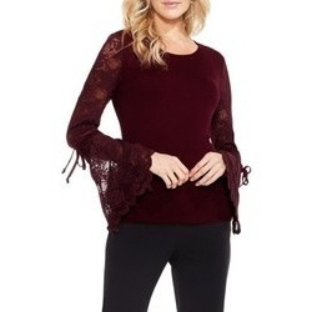 Size‎ Small VINCE CAMUTO BURGUNDY WINE LACE BELL SLEEVE KNIT TOP Shirt Blouse